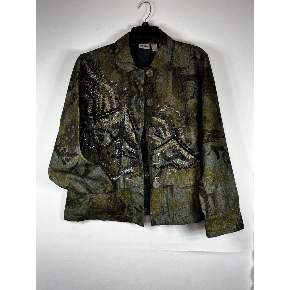 Chico's VTG Y2k Jacket 3 XL Green Floral Beaded Embroidered Denim Button Front